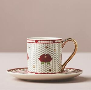Anthropologie Bistro Tile Stoneware Espresso Cup & Saucer Valentine's Edition